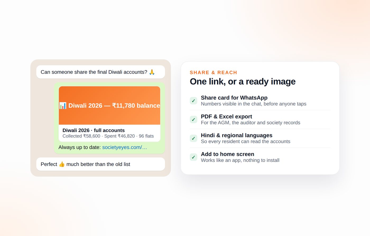 WhatsApp chat where the festival accounts are shared as a preview card, beside a list of sharing and export features